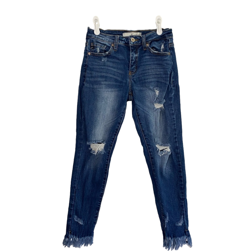 KANCAN Dark Wash Denim High Rise Distressed Jeans Ankle Fringe Cropped Women’s 3